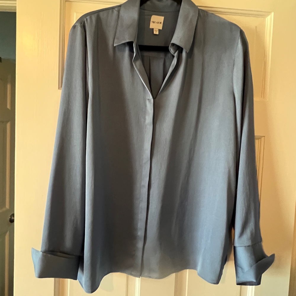 Slate blue dress shirt, silk like fabric. Dress up or dress down.